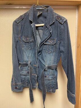 French Cuff Women's Dark Blue Denim Jacket with Belt